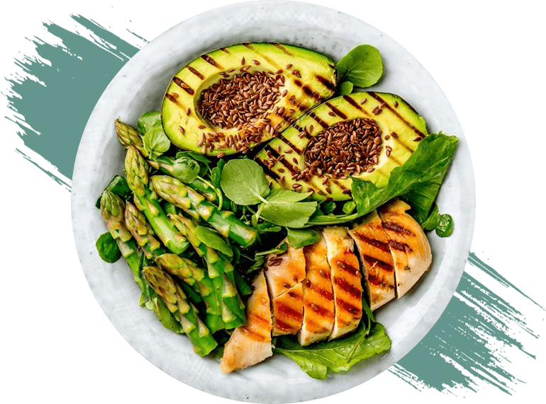 Healthy grilled chicken, grilled avocado and asparagus salad with linen seeds